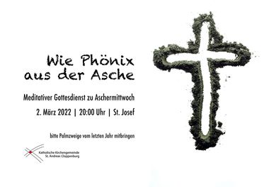 Aschekreuz mit der Einladung zum Aschermittwochsgottesdienst